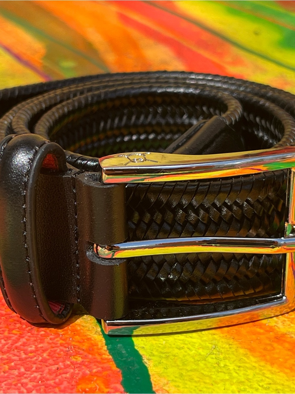 Ghost golf Men's Black Braided stretchLeather Belt with Silver Buckle